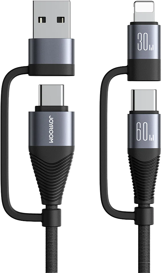 كابل شحن سريع ونقل بيانات جوي روم ، 4 في 1 ، تايب سي 60 وات ، لايتنينج 30 وات ، أسود ، SA37