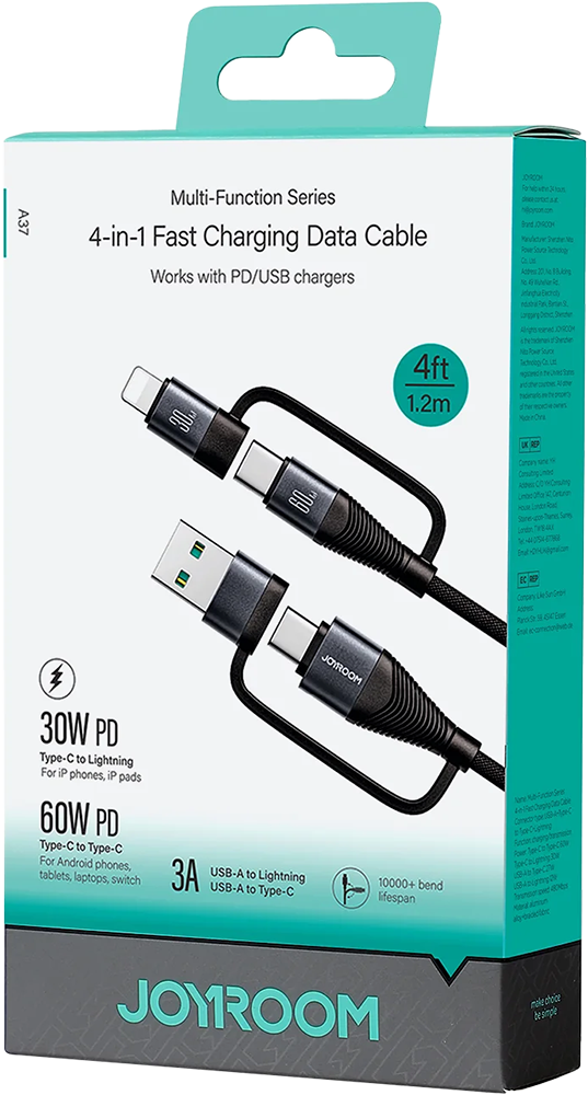كابل شحن سريع ونقل بيانات جوي روم ، 4 في 1 ، تايب سي 60 وات ، لايتنينج 30 وات ، أسود ، SA37