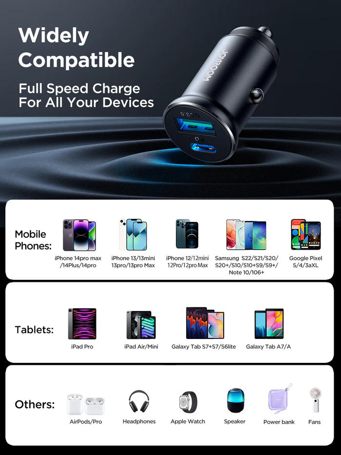 شاحن سيارة سريع جوي روم ، 30 وات ، معدني  ، أسود ، JR-CCN05