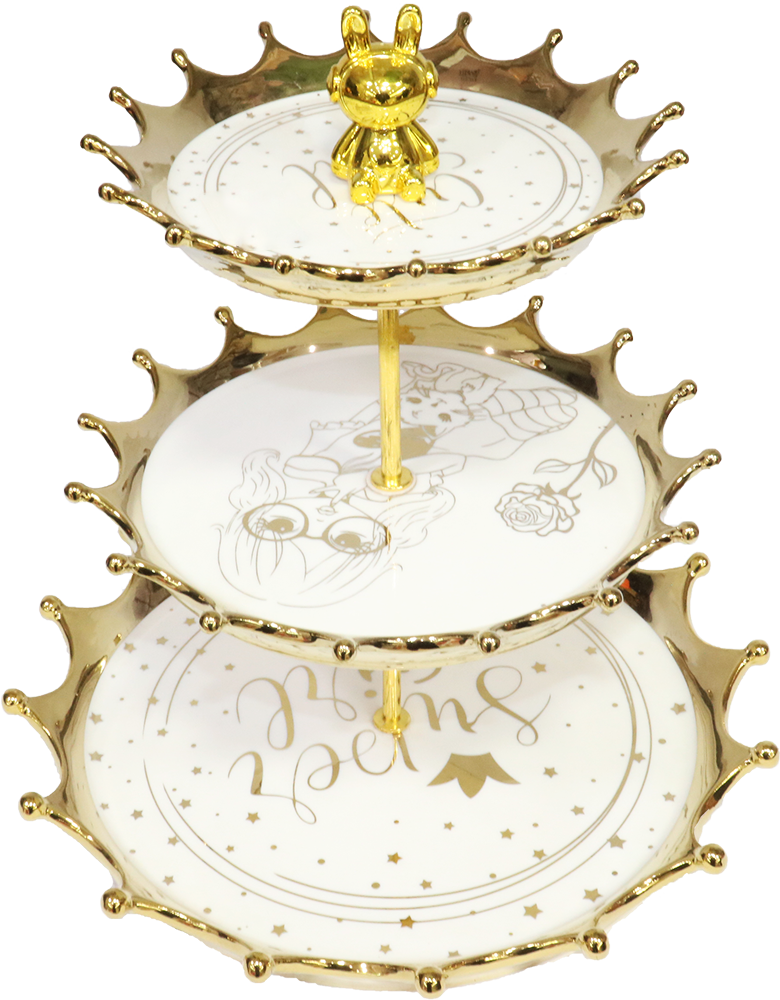 ستاند تقديم حلويات 3 دور البركة ، بورسلين ، ترس ، شكل دائري ، ابيض مدهب، 005