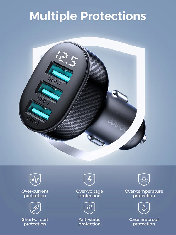 شاحن سيارة سريع جوي روم ، 3.4 أمبير ، شاشة ديجتال، 3 منافذ USB ، أسود ،JR-CCD03