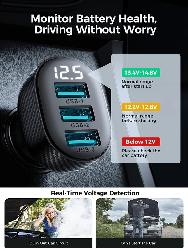 شاحن سيارة سريع جوي روم ، 3.4 أمبير ، شاشة ديجتال، 3 منافذ USB ، أسود ،JR-CCD03