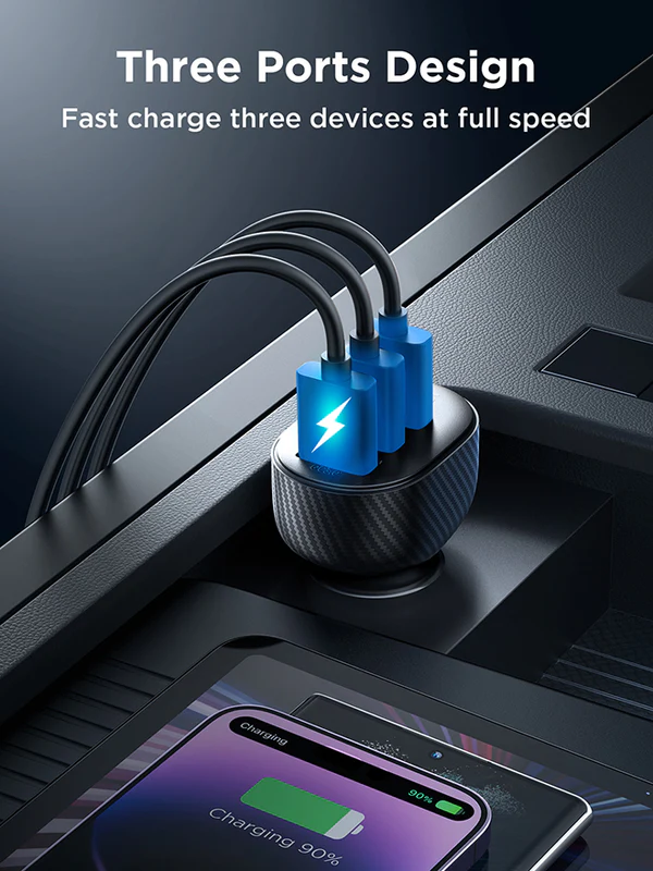 شاحن سيارة سريع جوي روم ، 3.4 أمبير ، شاشة ديجتال، 3 منافذ USB ، أسود ،JR-CCD03