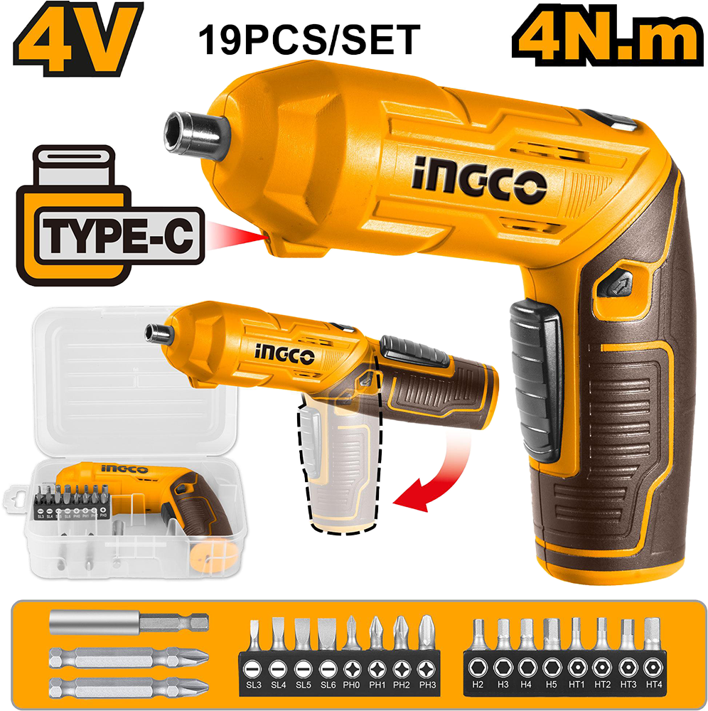 Ingco Cordless Electric Screwdriver, 4V, 4Nm, Type-C Port, CSDLI0442