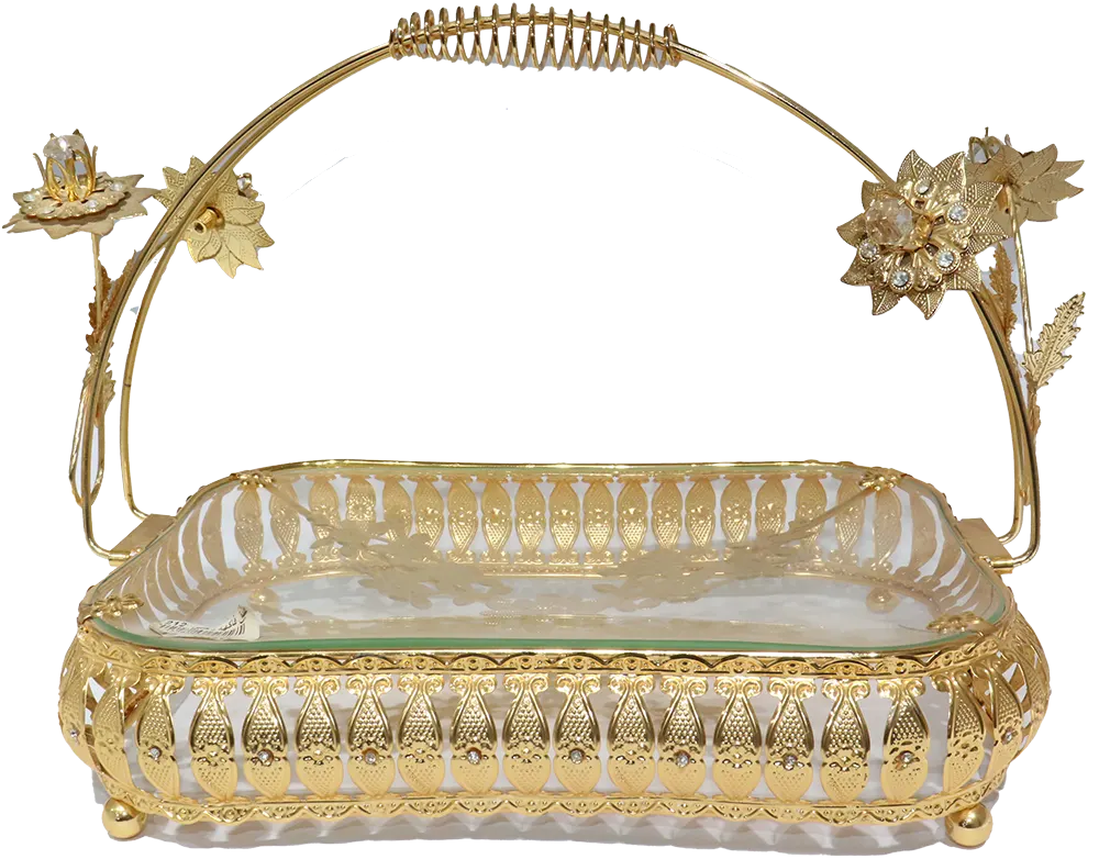 طبق فاكه زجاج ومعدن، مربع، حجم كبير، دهبي، 212