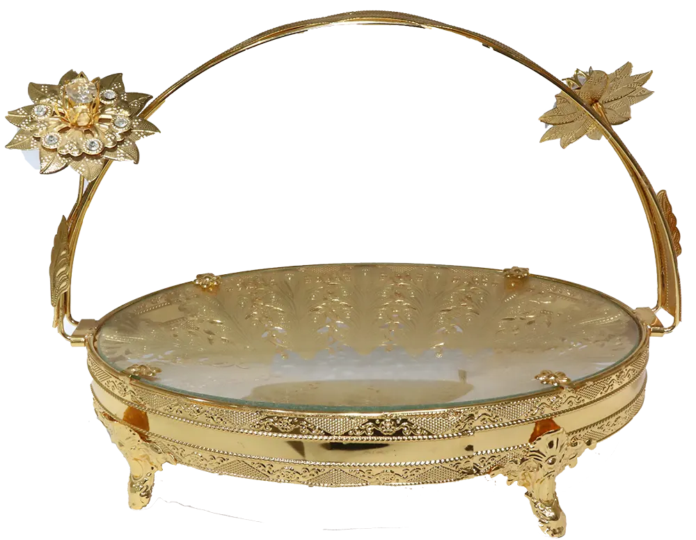 طبق فاكه مدهب زجاج ومعدن، دائري، حجم كبير، دهبي، 206