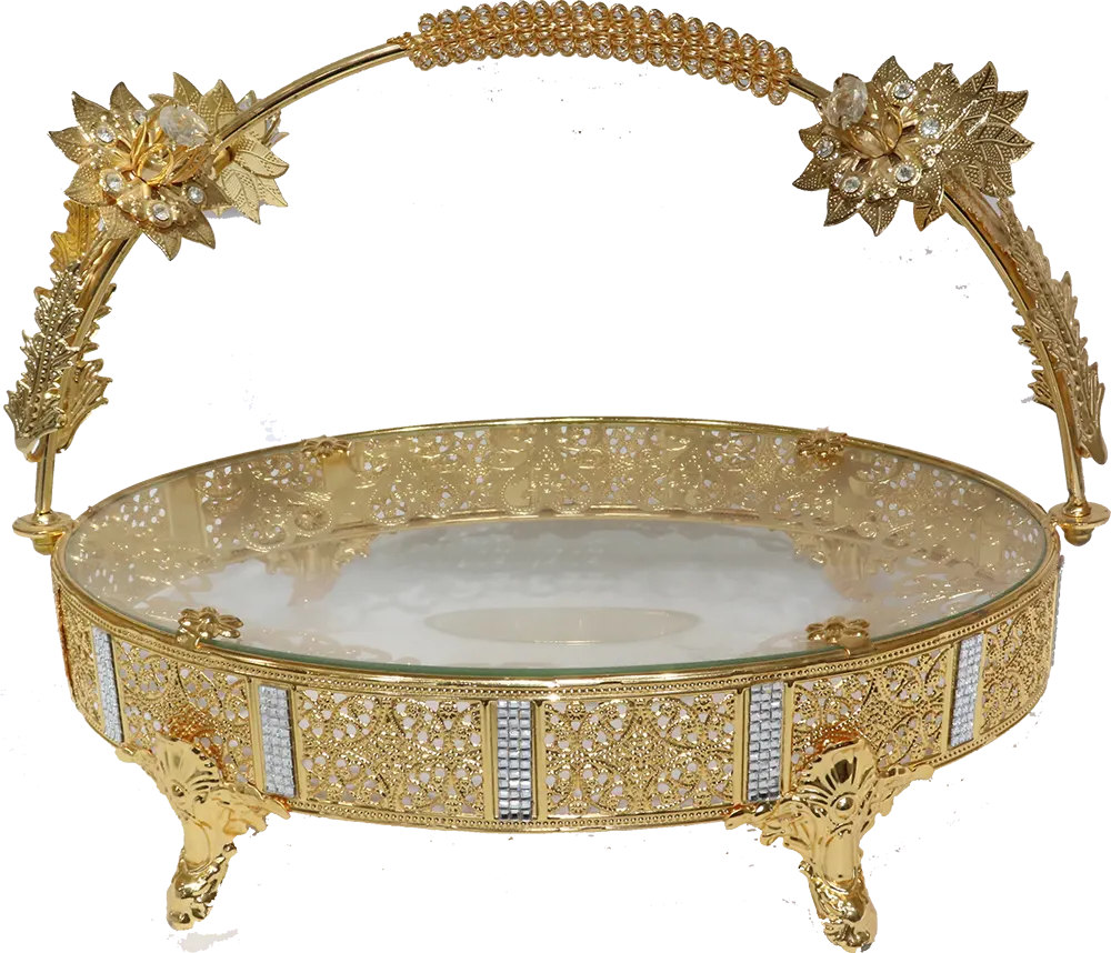 طبق فاكه مدهب زجاج ومعدن، بيضاوي، حجم كبير، دهبي، 209