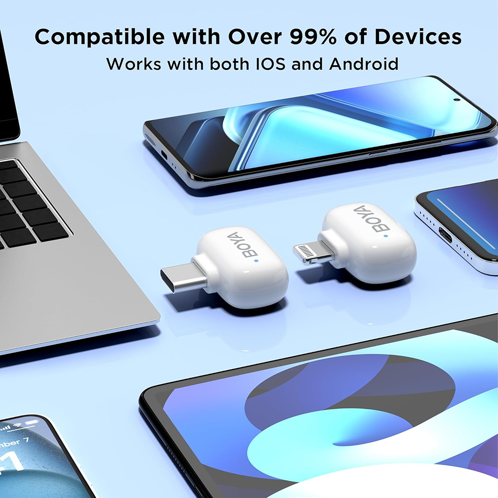 ميكروفون لاسلكي الترا ميني من بويا ، ثنائي القناة ، خاصية الغاء الضوضاء ، 2.4جيجاهرتز ، مُستقبِل لايتنينج وتايب سي ، أبيض ، MINI-13