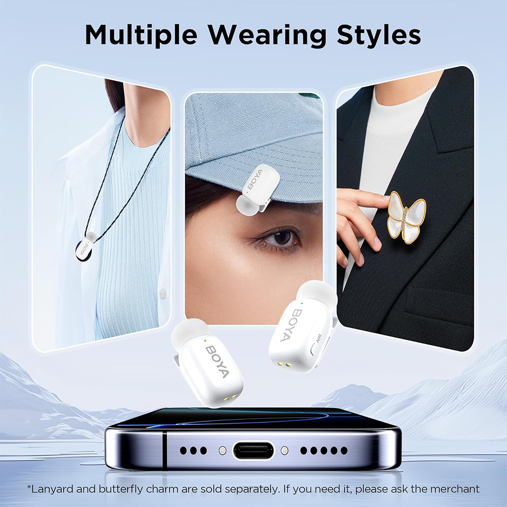 ميكروفون لاسلكي الترا ميني من بويا ، ثنائي القناة ، خاصية الغاء الضوضاء ، 2.4جيجاهرتز ، مُستقبِل لايتنينج وتايب سي ، أبيض ، MINI-13