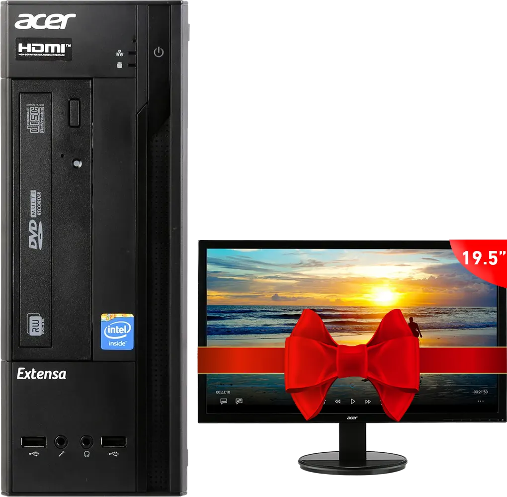 كمبيوتر مكتبي ايسر اكستنسا X2610QUAD معالج إنتل بنتيوم رباعي النواة 3170D، رامات 2 جيجابايت، قرص صلب 500 جيجابايت HDD ، كارت شاشة إنتل HD مدمجة، نظام التشغيل ويندوز 10، أسود + شاشة كمبيوتر أيسر 19.5 بوصة