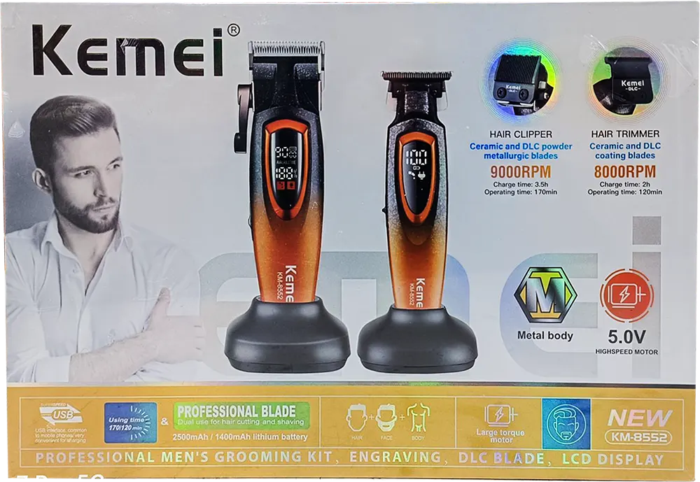 ماكينة حلاقة شعر كيمي قابلة للشحن، مع ماكينة حلاقة للذقن، شاشة رقمية، لون برتقالي*اسود، موديل KM-8552