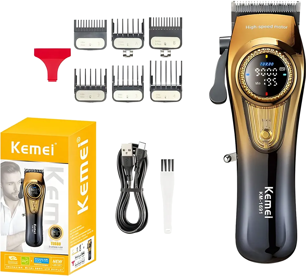 ماكينة حلاقة شعر كيمي قابلة للشحن، ،6 أمشاط، لون ذهبي*أسود، موديل KM-1691
