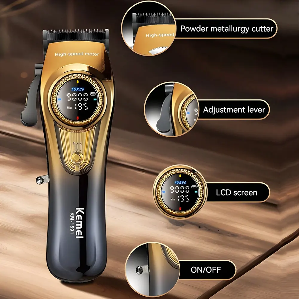 ماكينة حلاقة شعر كيمي قابلة للشحن، ،6 أمشاط، لون ذهبي*أسود، موديل KM-1691