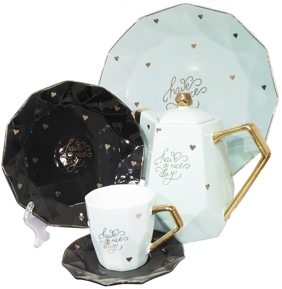 طقم شاي وجاتوه الحوت، 24 قطعة ، فيروزي*أسود مدهب، 306