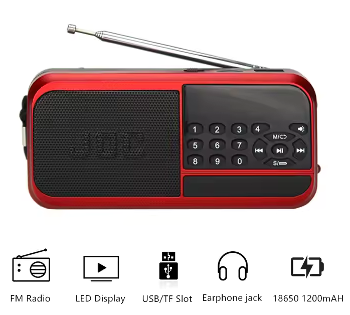 جهاز راديو fm صغير من جوك، بطارية قابلة لإعادة الشحن، يدعم البلوتوث، شاشة ليد، منفذ سماعة رأس، أحمر، H798