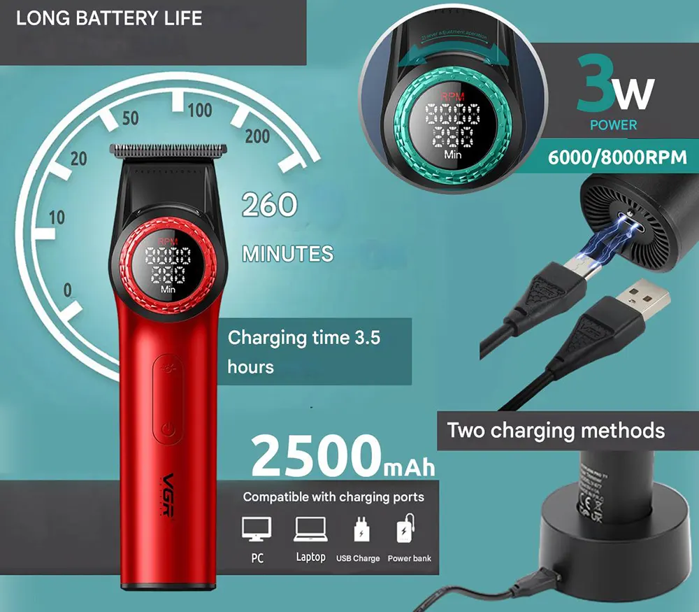 ماكينة حلاقة في جي ار لاسلكية لقص الشعر للرجال ، شاشة ال اي دي ، قابلة للشحن ، متعددة الألوان، V-977