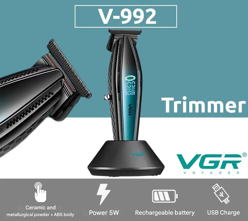 ماكينة حلاقة في جي ار لاسلكية لقص الشعر للرجال ، شاشة ال اي دي ، قابلة للشحن ، أسود، V-992