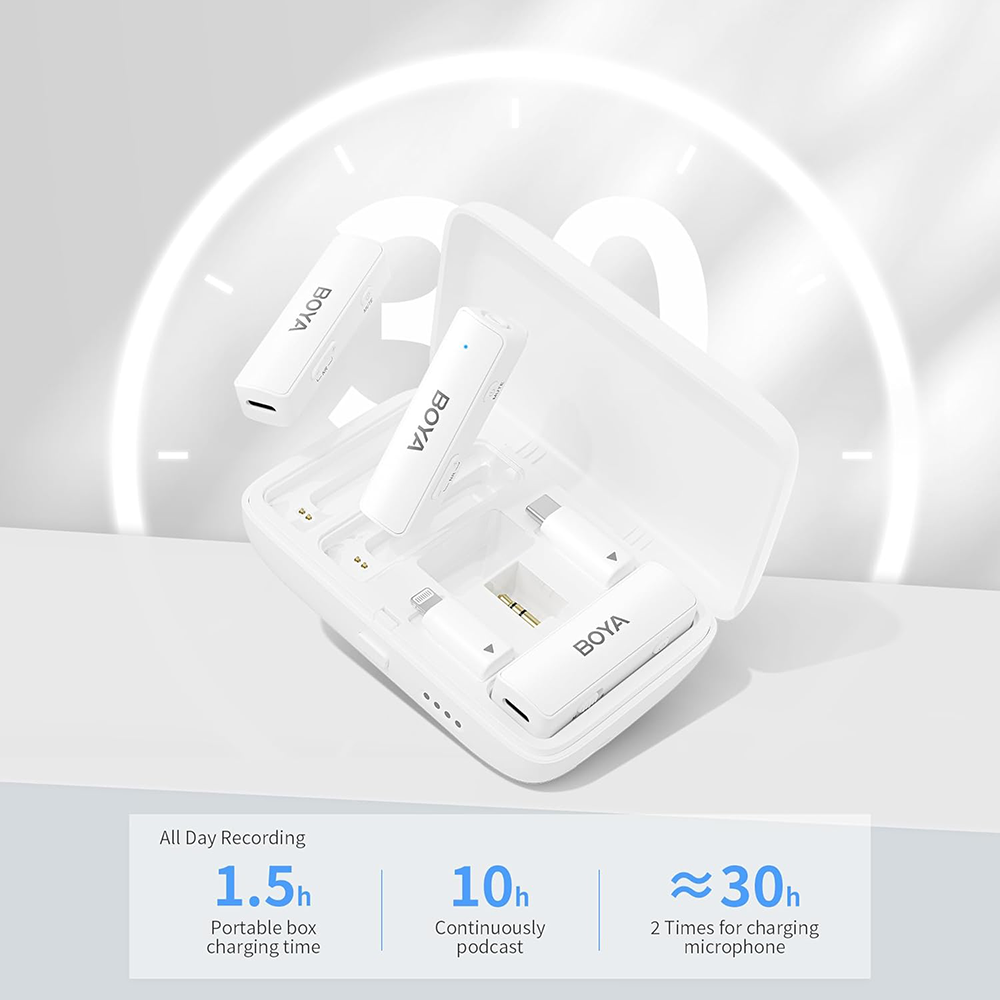 مايكروفون لاسلكي بويا ، خاصية الغاء الضوضاء ، مدى 100متر، ثنائي القناة، تردد 2.4 جيجاهرتز، موصل 3.5 مم, Type -C, Lightning ، أبيض، BOYALINK all-in-one