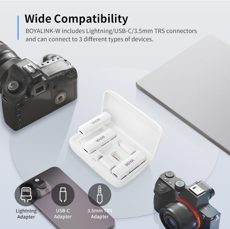 مايكروفون لاسلكي بويا ، خاصية الغاء الضوضاء ، مدى 100متر، ثنائي القناة، تردد 2.4 جيجاهرتز، موصل 3.5 مم, Type -C, Lightning ، أبيض، BOYALINK all-in-one