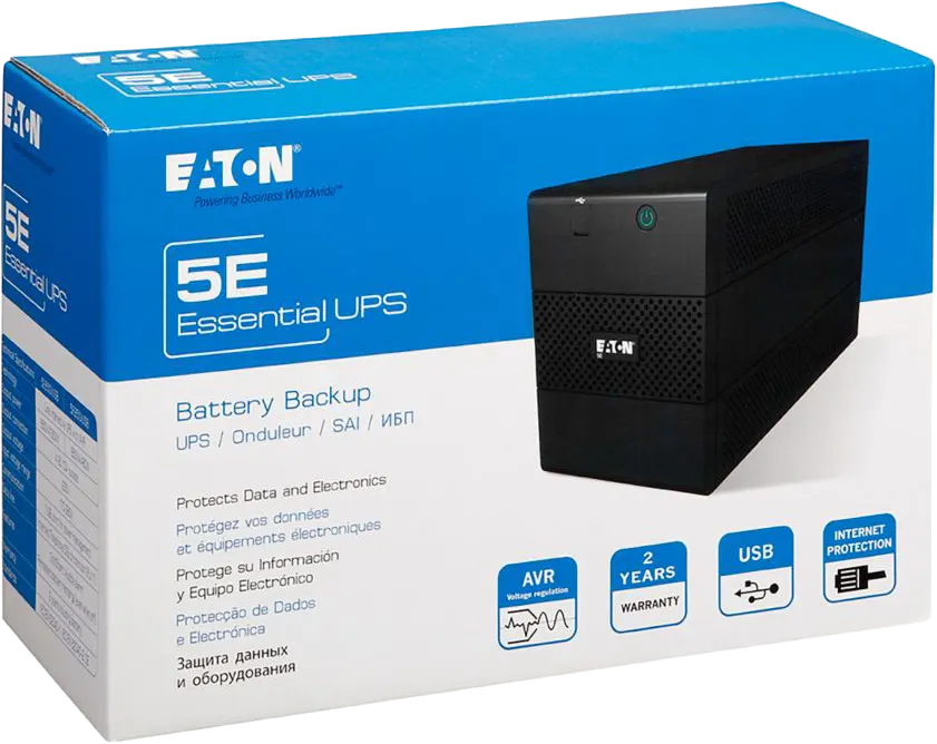 جهاز وحدة تزويد الطاقة يو بي إس إيتون 5E 850I، يو اس بي DIN Line Interactive، 850 فولت أمبير، 480 واط، 3 منافذ تيار متردد، أسود