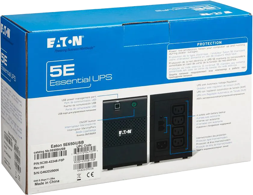 جهاز وحدة تزويد الطاقة يو بي إس إيتون 5E 850I، يو اس بي DIN Line Interactive، 850 فولت أمبير، 480 واط، 3 منافذ تيار متردد، أسود