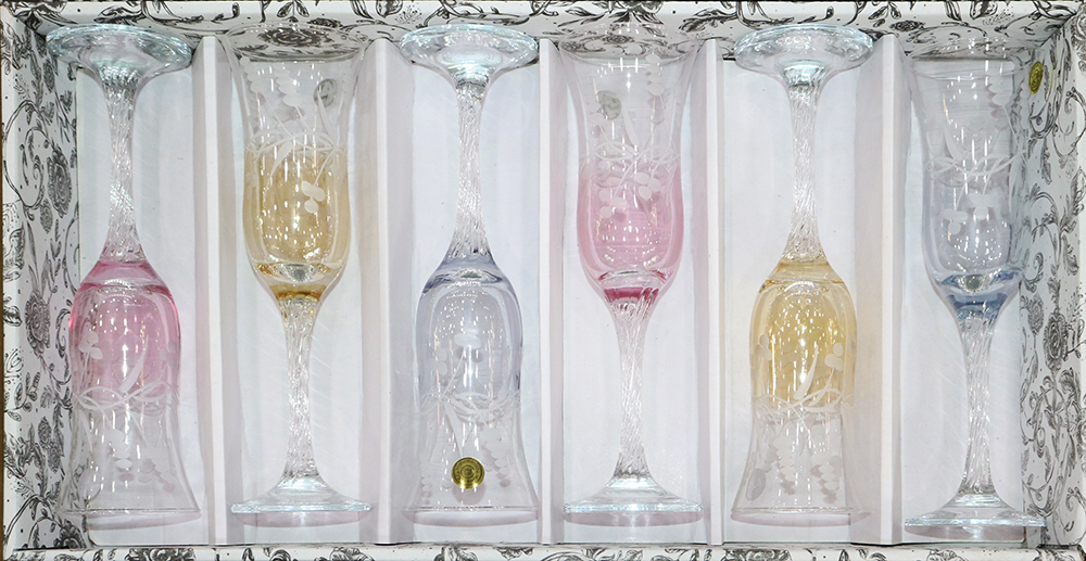 طقم كاسات الخواجة، 6 قطع، زجاج، حفر ألوان متعددة