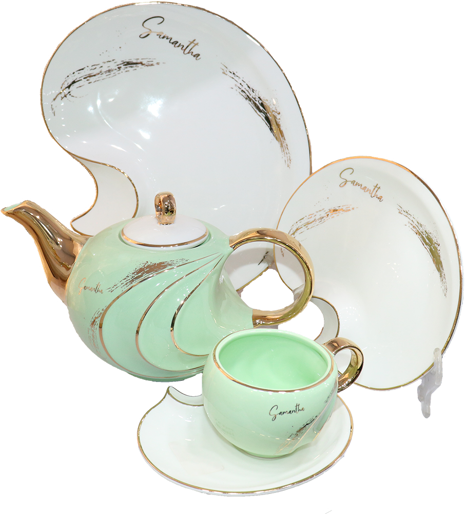 طقم شاي وجاتوه بورسلين ، 24 قطعة ، مينت جرين في ابيض