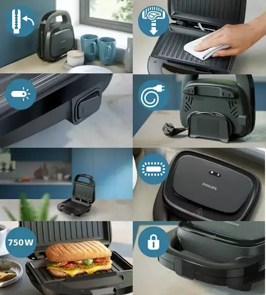 صانع ساندوتش فيليبس، 750 وات، أسود، HD2330-90