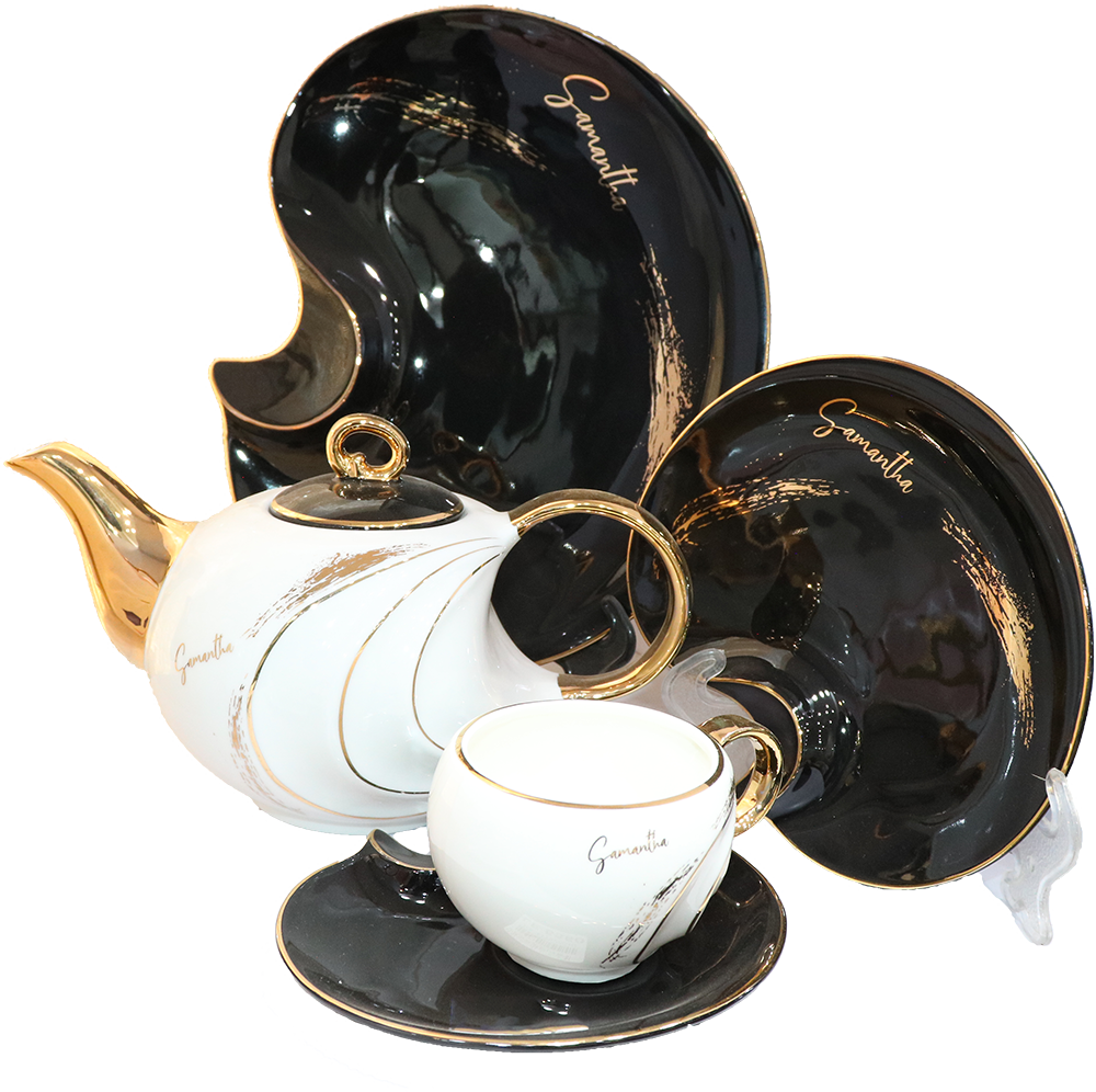طقم شاي وجاتوه بورسلين، 24 قطعة، اسود في ابيض