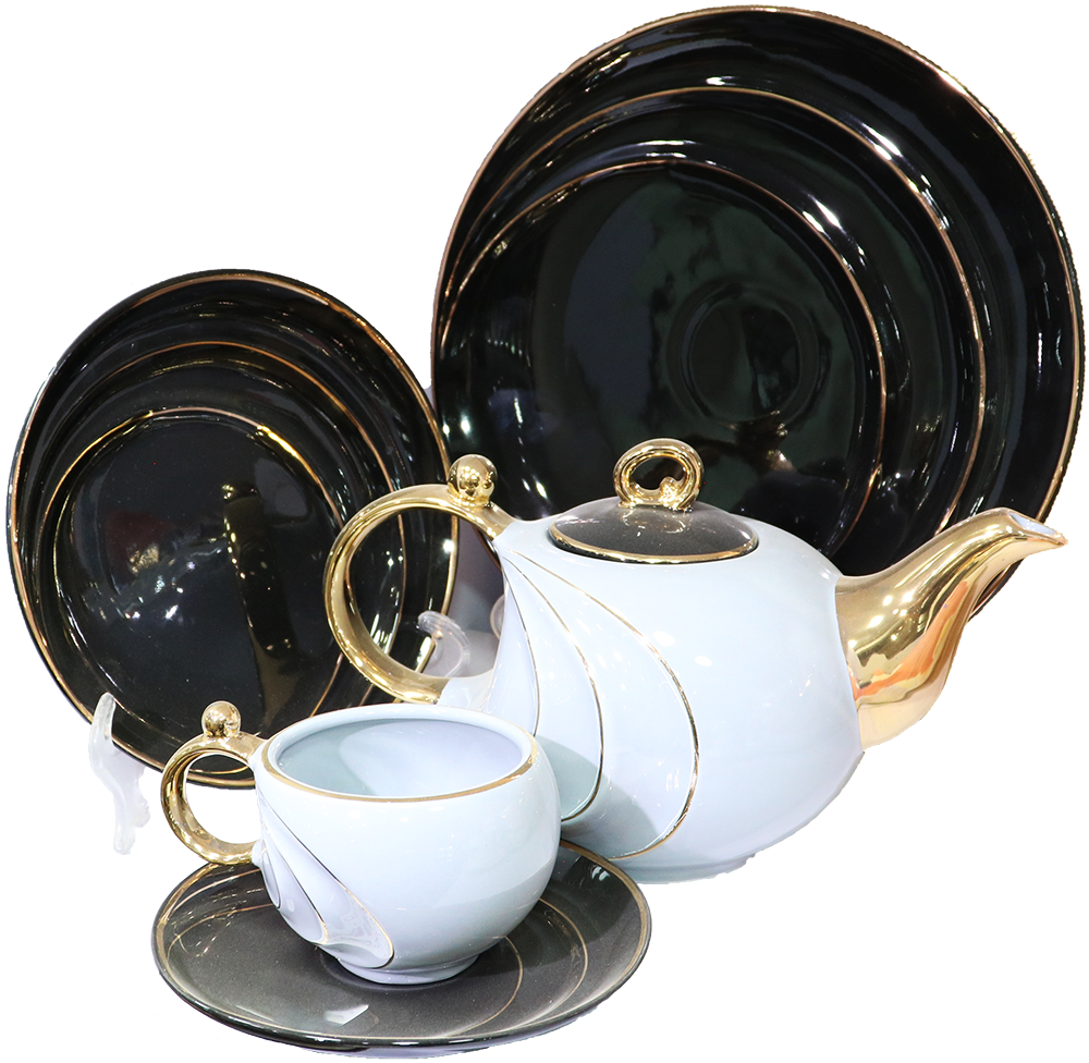 طقم شاي وجاتوه بورسلين، 24 قطعة، أسود في ابيض