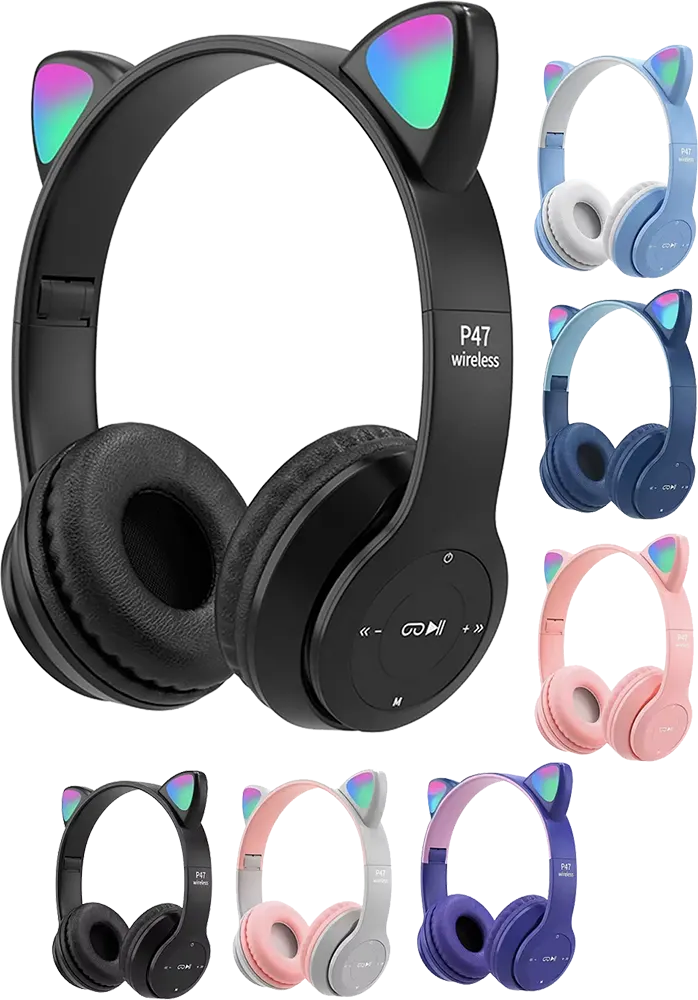 سماعة رأس لاسلكية بلوتوث بتصميم آذان القط، قابلة لإعادة الشحن، إضاءة LED RGB، متعددة الألوان، P47M