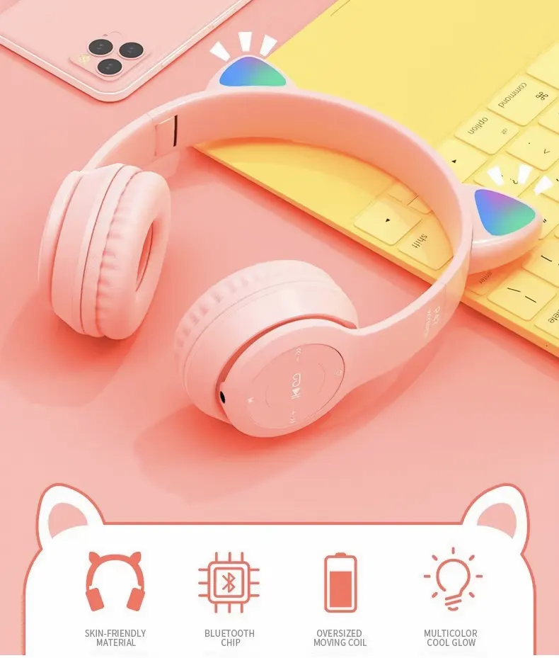 سماعة رأس لاسلكية بلوتوث بتصميم آذان القط، قابلة لإعادة الشحن، إضاءة LED RGB، متعددة الألوان، P47M