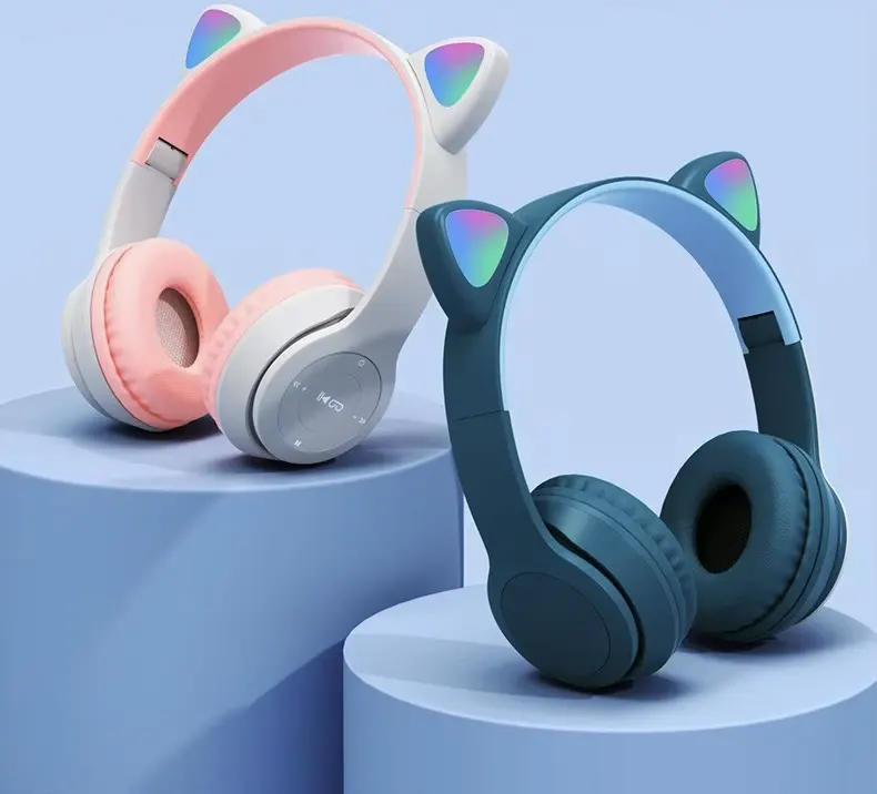 سماعة رأس لاسلكية بلوتوث بتصميم آذان القط، قابلة لإعادة الشحن، إضاءة LED RGB، متعددة الألوان، P47M