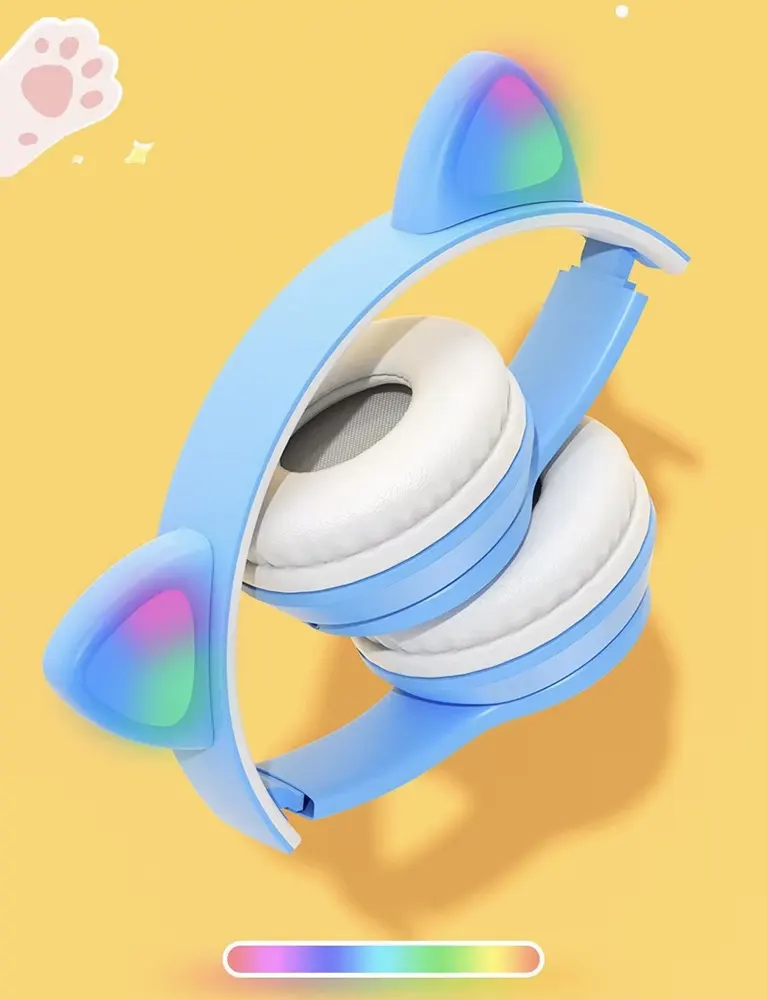 سماعة رأس لاسلكية بلوتوث بتصميم آذان القط، قابلة لإعادة الشحن، إضاءة LED RGB، متعددة الألوان، P47M