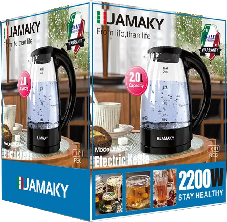 غلاية مياه كهربائية زجاج جماكي 2200 وات، 2 لتر، اسود، JMK 9507