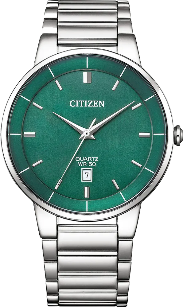 ساعة سيتيزن للرجال، مينا خضراء، عقارب دائرية، سوار ستانلس ستيل فضي، ساعة يد تناظرية، فضية، BI5120-51X