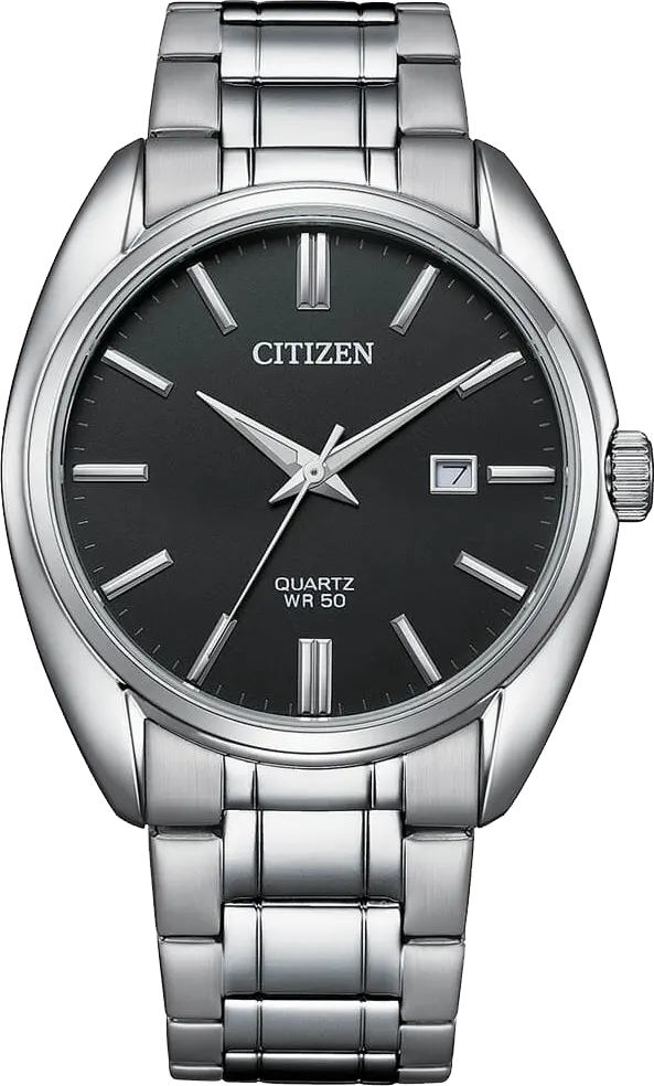 ساعة سيتيزن للرجال، ميناء أسود، عقارب دائرية، سوار ستانلس ستيل فضي، ساعة يد تناظرية، فضية، BI5100-58E