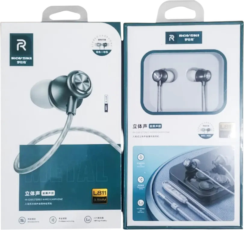 سماعة أذن سلكية ستيريو من روفسكي، بمقبس 3.5 مم، لون رمادي، L811