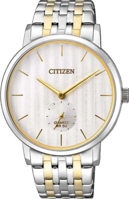 ساعة سيتيزن للرجال، ميناء بيضاء، عقارب دائرية، سوار ستانلس ستيل فضي*ذهبي، ساعة يد تناظرية، فضي*ذهبي، BE9174-55A