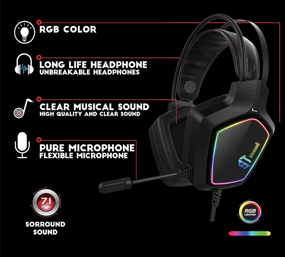 سماعة رأس سلكية للألعاب، USB، ميكروفون، ضوء RGB ، أسود ، GM-08