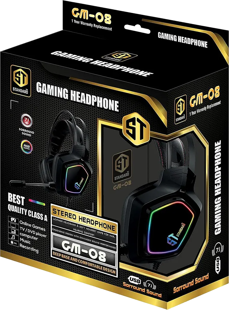 سماعة رأس سلكية للألعاب، USB، ميكروفون، ضوء RGB ، أسود ، GM-08