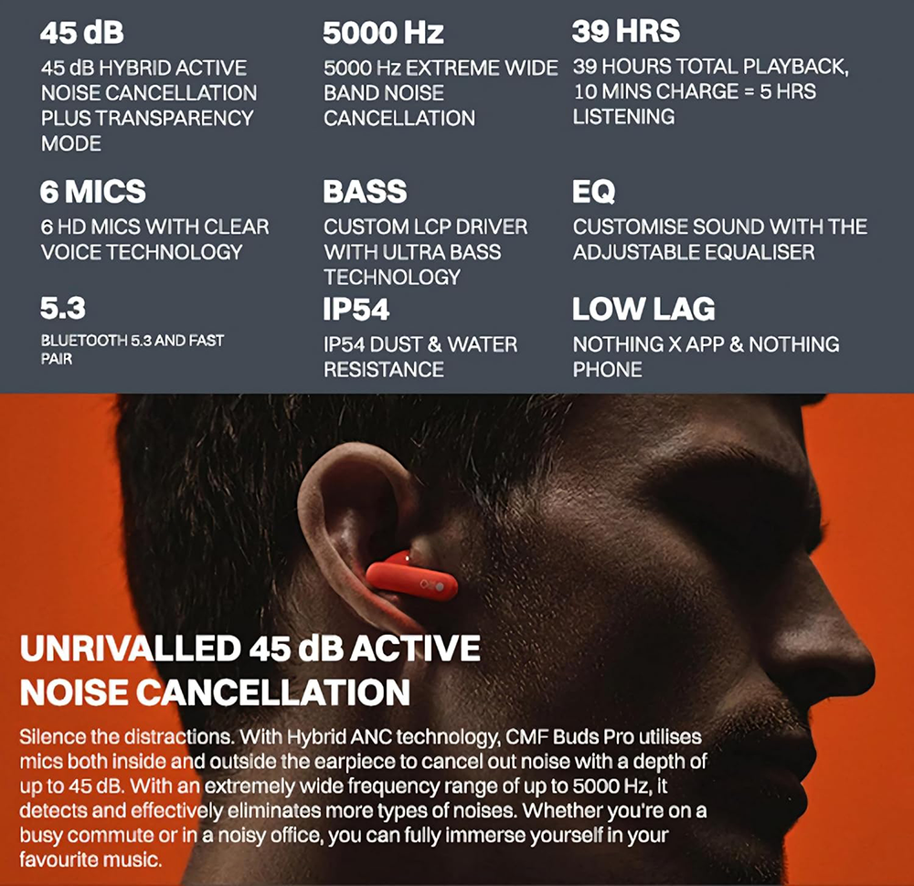 سماعات أذن لاسلكية CMF Buds Pro، بلوتوث 5.3، إلغاء الضوضاء، مقاومة للماء، برتقالي، B163