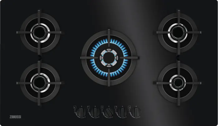 بوتاجاز غاز مسطح بلت ان زانوسي 90*60 سم، 5 شعلة، أمان كامل، زجاج، أسود، موديل ZGO98520BA