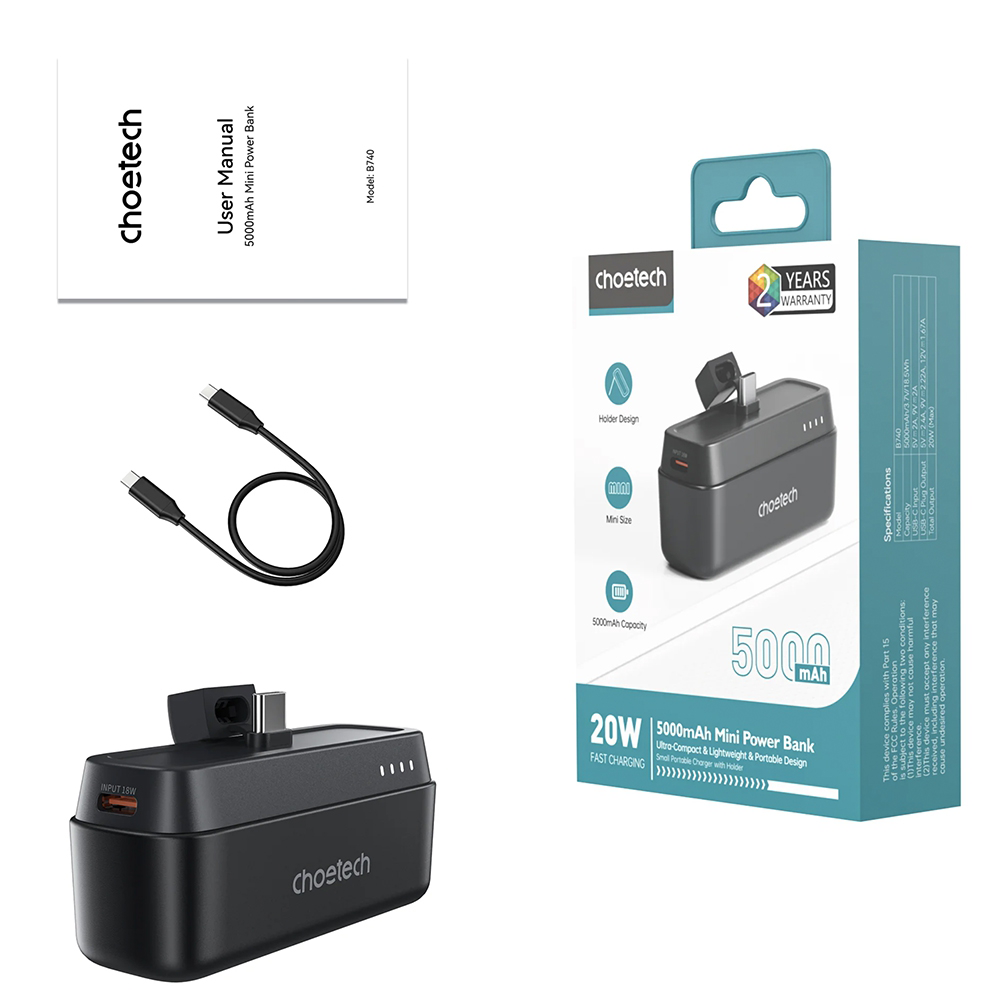 باور بانك تشويتك، سعة 5000 مللي، شحن سريع 20 وات، منفذ type-c ،حجم صغير، أسود ،B740