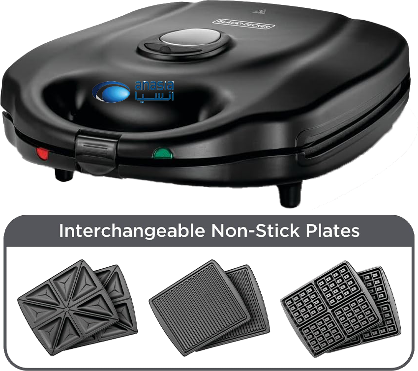 ماكينة صنع الساندويتشات والوافل من بلاك آند ديكر ، 1400 وات ، 3 في 1، أسود ، TS4130 ( ضمان انسيا )