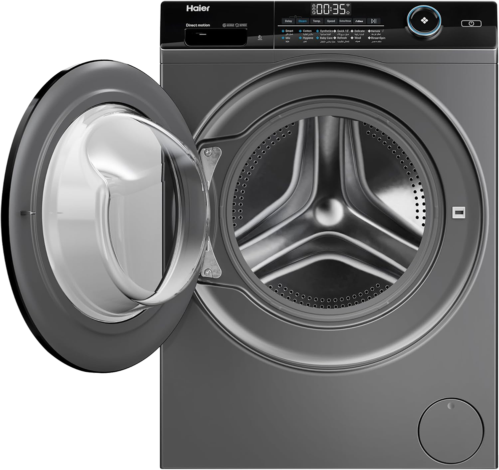 غسالة ملابس هاير فول اوتوماتيك تحميل أمامي، 9 كيلو، 1400 لفة، انفرتر، خاصية البخار، واي فاي، شاشة ديجيتال، سيلفر، HW90-B14959S6TU1