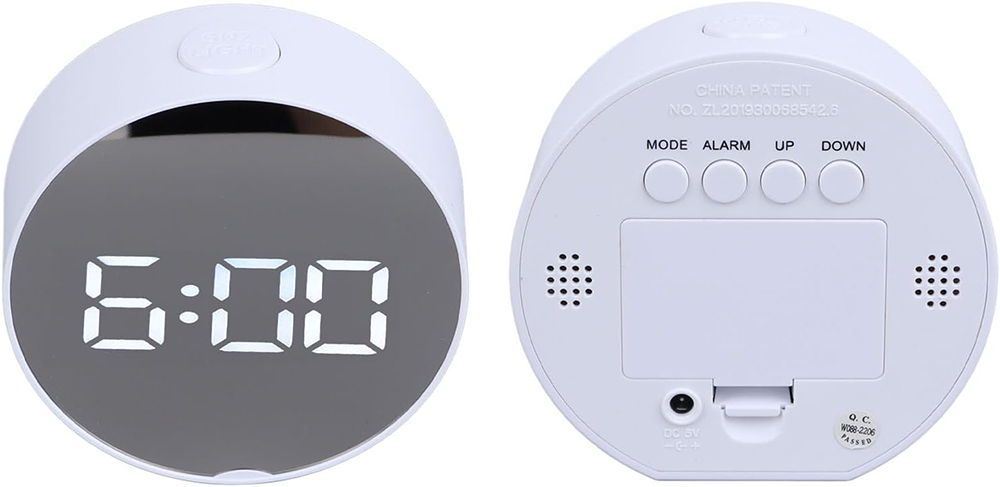 ساعة منبه مراة ديجيتال ، شاشة دائرية كبيرة ، ساعة ليد محمولة للمكتب ، أبيض ، 6506-6505