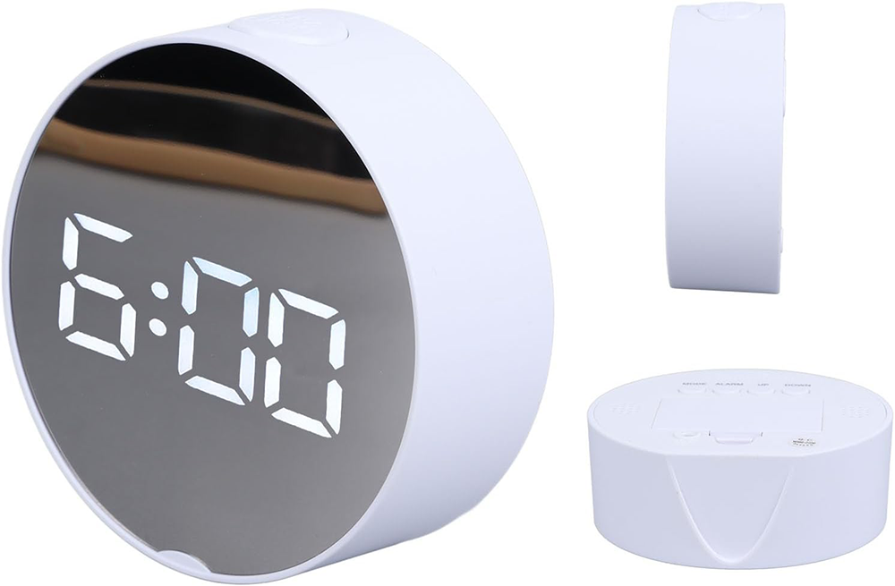 ساعة منبه مراة ديجيتال ، شاشة دائرية كبيرة ، ساعة ليد محمولة للمكتب ، أبيض ، 6506-6505