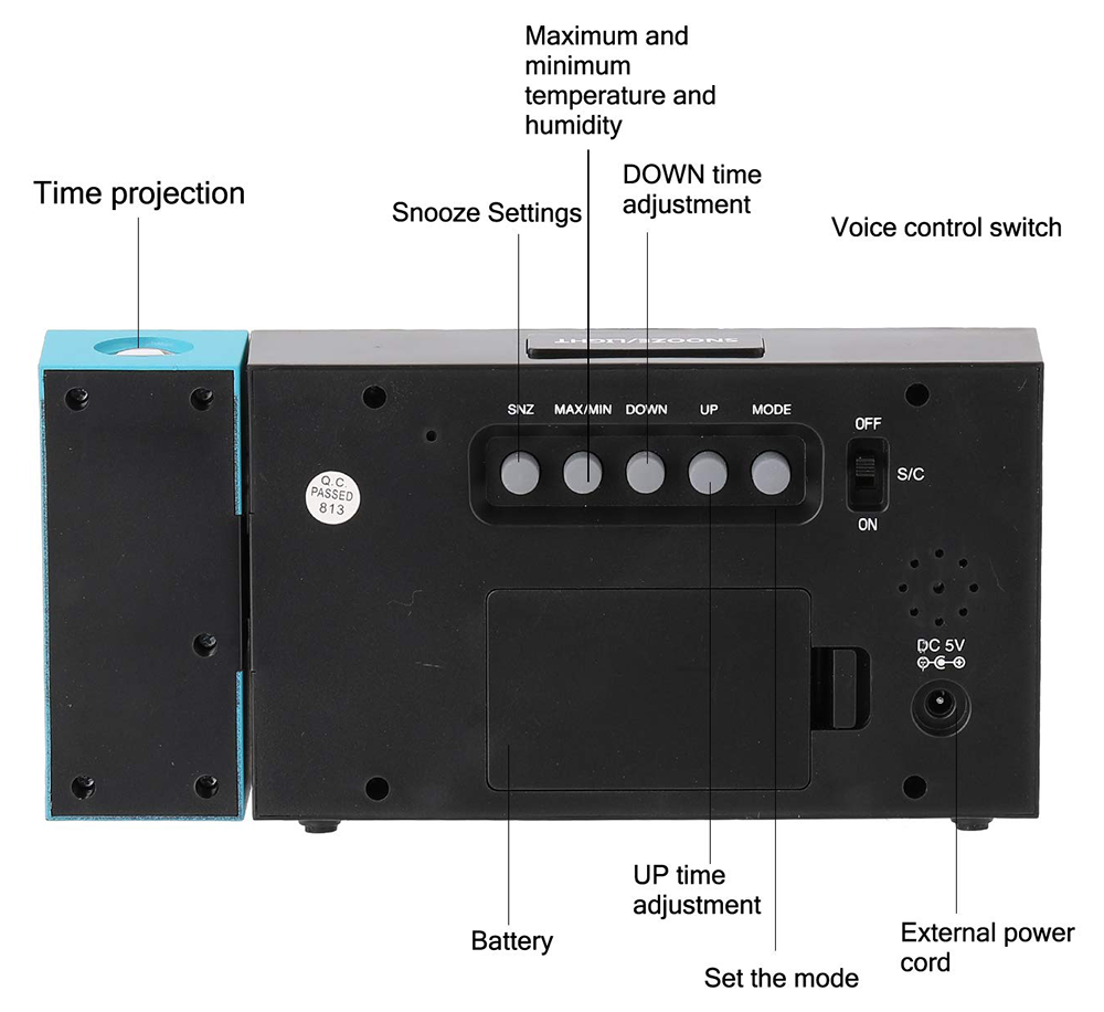ساعة ديجيتال بإضاءة خلفية وعرض توقعات الطقس ، عرض بروجيكتور ، أسود ، موديل 8290