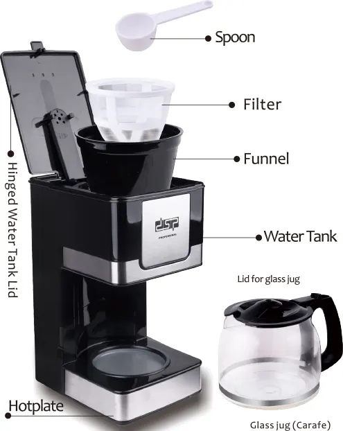 صانع قهوة امريكية دي اس بي، 800 وات، سعة 12 أكواب، لون أسود، موديل ، KA3024